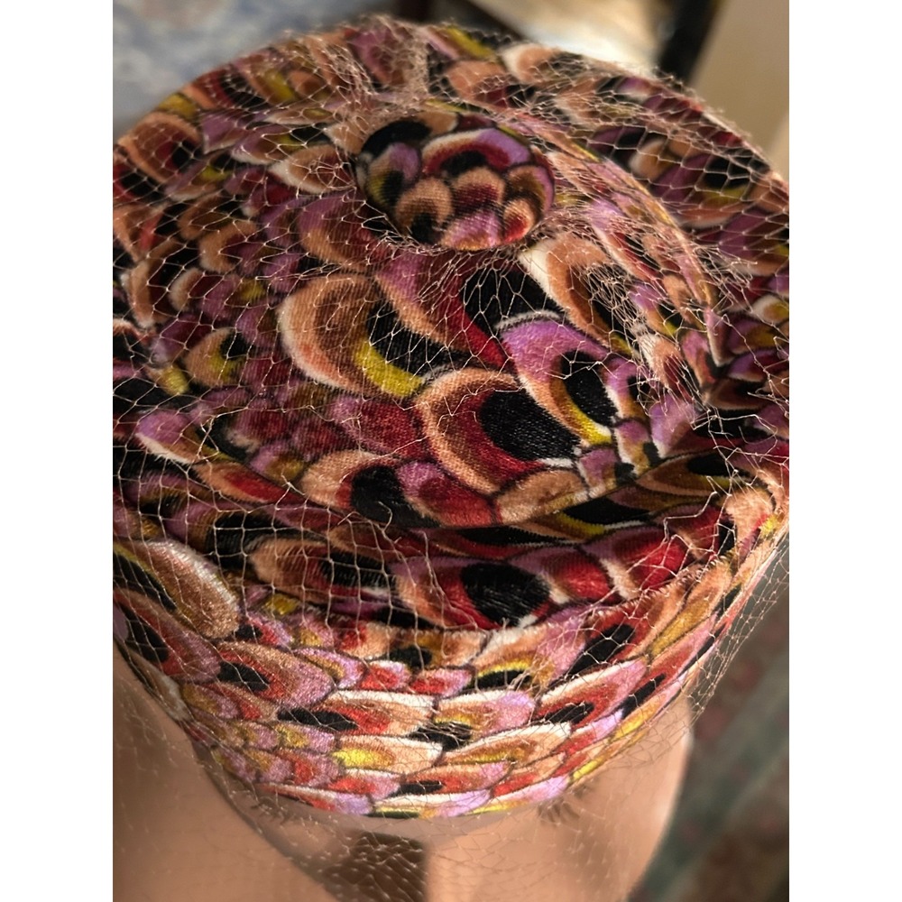 Vintage 1950s Art Deco Pillbox Turban Hat Velour Gold Purple with Veil